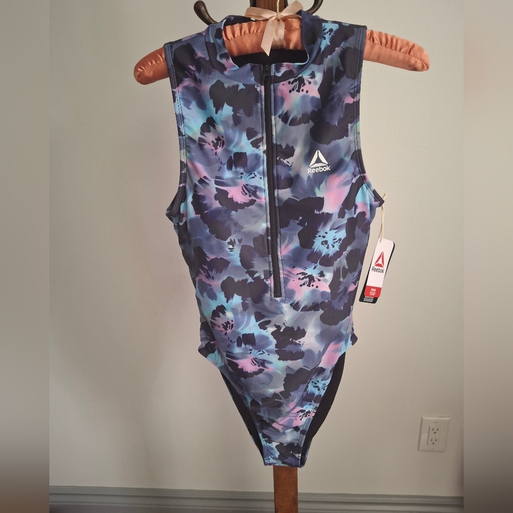 NWT Reebok Floral Zip-Front One-Piece Bodysuit -  High Back - Ladies M- Spf 50